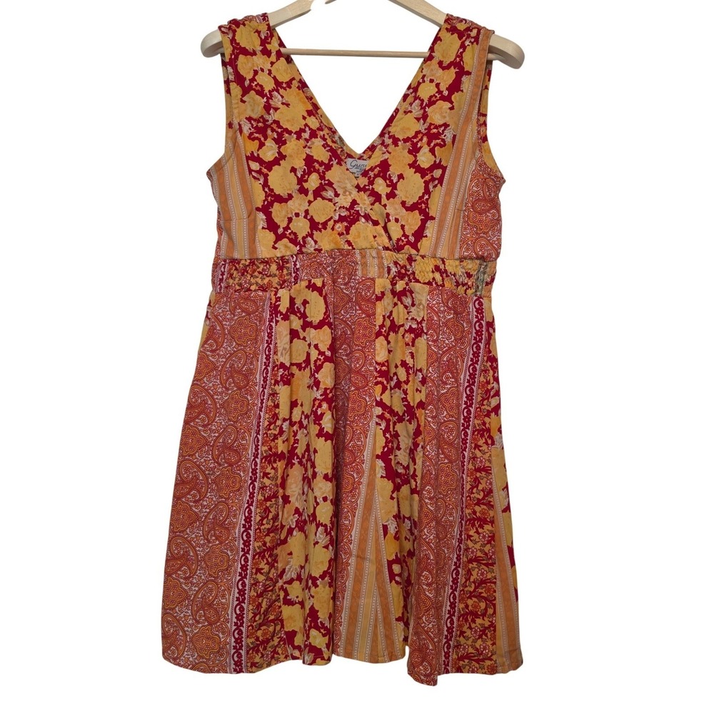 Guru Floral Paisley Mixed Print Sleeveless V-Neck Boho Dress Red Orange M/L